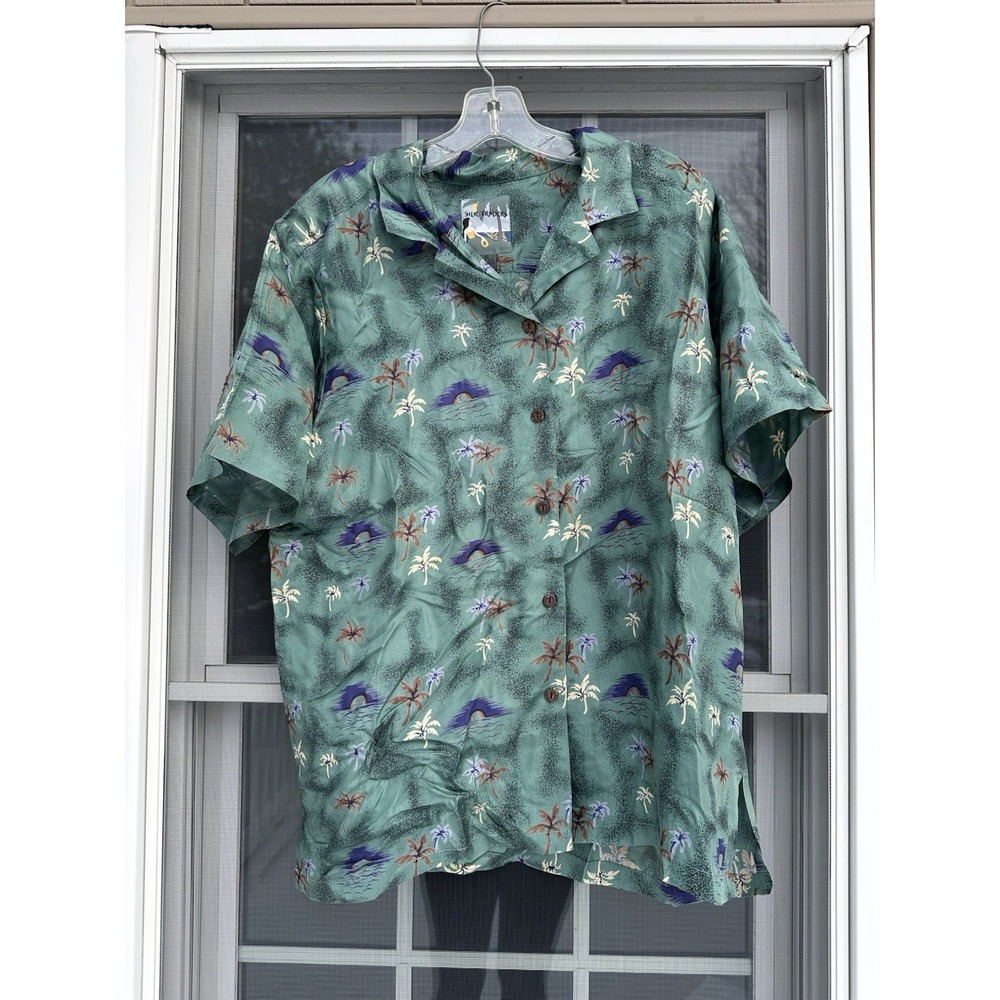 Vintage Silk Traders Hawaii by Sunrise Green USA 100% Silk Men Hawaiian Shirt XL
